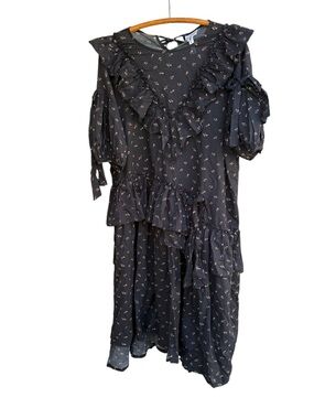 Black Ruffle Cotton Floral Midi Dress Oversized Small Pattern Dress Size XL